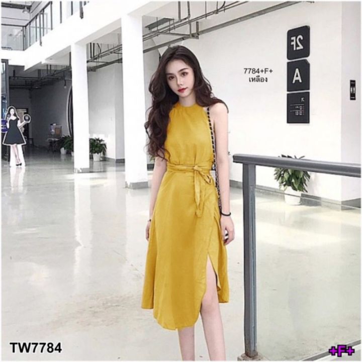 7784-เดรสสั้น-มีหลายสี-กระโปรงผ่าหน้า-มีผ้าผูกเอว-สีพื้น-แขนกุด-เสื้อผ้าแฟชั่น-ชุดเที่ยว-ชุดเดรสออกงาน