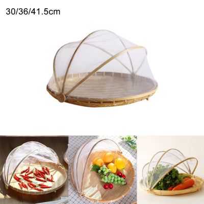 Handmade Bamboo Basket With Net Mesh Cover Kithen Bread Fruit Vegetable Food Container Outdoor Travel Picnic Dust Proof Basket