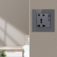 【A5】 13A Universal Socket 1 Gang Switch And 5 Pin Multi-function Tempered Glass Panel Wall Power Socket BlackWhiteGreyGoldGreen