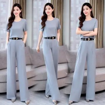 Women Casual Suits Summer T-shirt + Wide-leg Loose Trouser Two