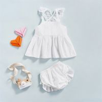 Elegant Baby Girl Summer Outfits Square Neck Sleeveless Lace Solid Color Dress Tops + Elastic Waist Short Pants Kids 2 Piece Set  by Hs2023