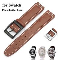 ○✕☂ สายหนัง 17 มม. สำหรับ Swatch Cowhide Lychee Leather Watch Band Men Women Replacement Bracelet Accessories Band Metal Buckle