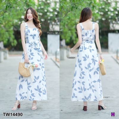 Maxi Dress เดรสสายเดี่ยวยาว งานผ้าสลาฟพิมพ์ลายใบไม้ มีซิปซ่อนด้านหลัง มีซัปใน มีโบว์แยก 1 เส้น