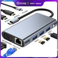 Hyra 8 In 1 USB C ฮับ Type C ถึง4K หัวแปลงสัญญาณ HDMI พร้อม RJ45 VGA 100Mbp PD ชาร์จเร็วสำหรับอะแดปเตอร์คอมพิวเตอร์แล็ปท็อปโน้ตบุ๊ค Macbook