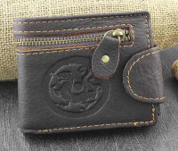 Mens Biker Vintage Zipper Snap Leather Card Holder Coin Wallet With Dragon Logo