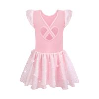 Girls Ballet Leotards for Dance Hollow Crisscross Back Short Sleeve Shiny Skirt