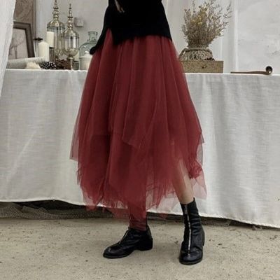 ‘；’ MEXZT Gothic Irregular Tulle Skirts Women Vintage Punk Pleated Elastic High Waist A Line Mesh Midi Skirts Streetwear Ball Gown