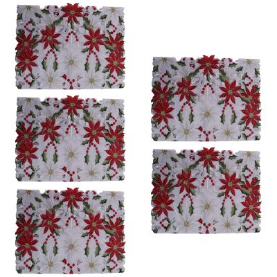 5X Christmas Embroidered Table Runner, Luxury Holly Poinsettia Table Runner for Christmas Decorations, 15 x 70 Inch