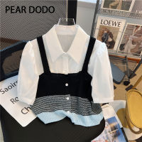 PEAR DODO เสื้อเชิ้ตมีปกแขนสั้นปลอมสองชิ้นสำหรับผู้หญิงฉบับภาษาเกาหลีถักแบบสั้นงานปะติด