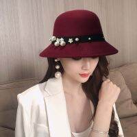 Vintage Elegant Women Hat Pearl Ribbon Solid Color Wool Felt Fedoras With Brim For Ladies Autumn Winter Female Cap