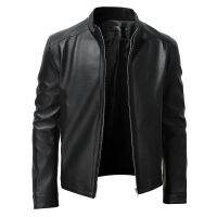 High Quality Mens PU Leather Jacket Black Handsome Standing Neck Zippered Jacket