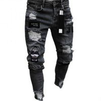 CODna68138 Seluar jeans lelaki seluar lelaki In Stock 3 Styles Men Stretchy Ripped Skinny Moto Biker Embroidery Print Jeans Destroyed Hole Slim Fit Denim High Quality Jean