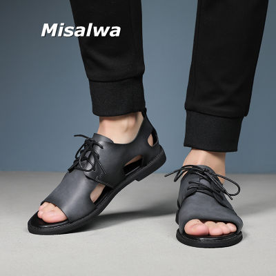 Misalwa 2022 Summer Lace-up Men Leather Sandals Whole Cut Piece Roam Flat Stylish Beach Shoes Mens Casual Slippers Daily