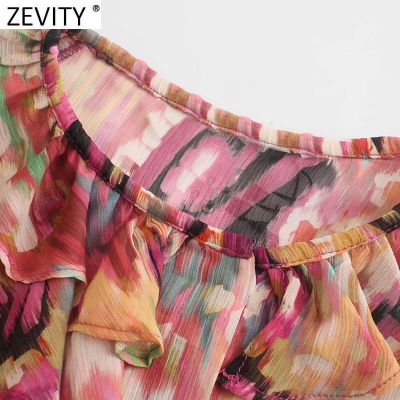 Zevity 2022 Women Vintage Colorful Tie Dye Paint Chiffon Smock Blouse Female O Neck Ruffles Casual Shirt Chic Blusas Tops LS9770