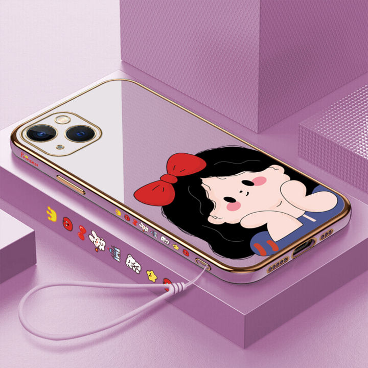 ggk-เคสสำหรับ-apple-iphone-15-plus-15-pro-max-เคสขอบสี่เหลี่ยมรูปโบว์น่ารักลายการ์ตูนฟรีสายคล้องเด็กผู้หญิงชุบเคสโทรศัพท์เคสโทรศัพท์นิ่มหรูหรา