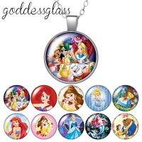 ❖❂✹ Princesses Alice Little mermaid Belle Gift Cinderella Girls Gift Glass glass cabochon silver plated/Crystal necklace jewelry