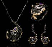 3pcsset Original Design Black Gold Filled Pendant Necklace Rings Earrings Banana Leaf Inlaid Amethyst Vintage Jewelry Set