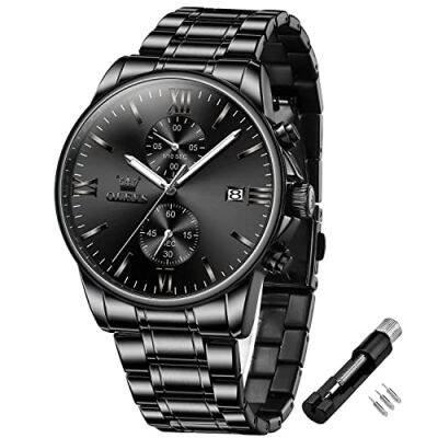 OLEVS Mens Watch Fashion Minimalist Chronograph Quartz Analog Mesh Stainless Steel Waterproof Luminous Watches for Men with Auto Date black watch