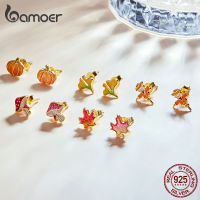 bamoer Autumn 925 Sterling Silver Orange Scarecrow Ginkgo MapleLeaf Stud Earrings Mushroom Pumpkin Earrings for Women Jewelry