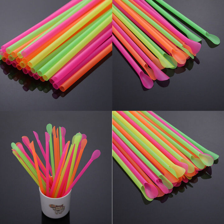 fun-party-supplies-durable-plastic-spoons-smoothie-sipping-straws-colorful-cocktail-straws-plastic-straw-spoons