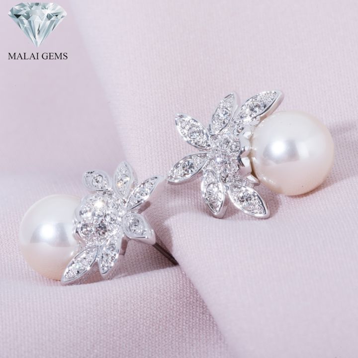 malai-gems-ต่างหูมุก-เงินแท้-silver-925-เพชรสวิส-cz-เคลือบทองคำขาว-รุ่น-11008169-แถมกล่อง-ต่างหูเพชร-ต่างหูเงินแท้