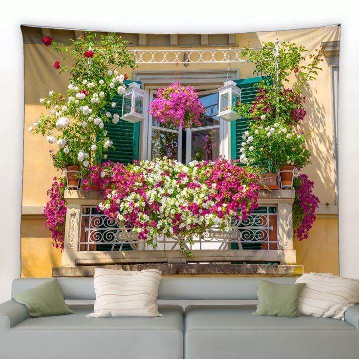 flower-tapestry-spring-fence-windows-landscape-backdrop-cloth-wall-hanging-garden-poster-outdoor-home-decor-tapestry-aesthetics