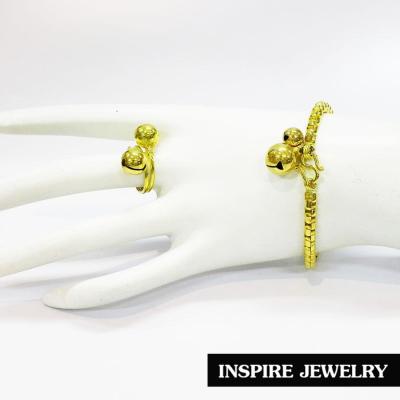 Inspire Jewelry sets 2pcs. ชุดสองชิ้นสร้อยข้อมือทองเหลืองลายบล็อก และแหวนทองเหลืองฟรีไซด์ ห้อยกระดิ่งน่ารักๆ มีเสียงดัง เชื่อกันเรื่องเรียกทรัพย์เวลามีเสียง ใส่ได้โดยไม่ต้องถอด ทนทาน น่ารักสุดๆ