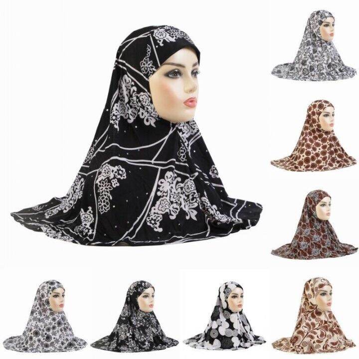 tudung Muslim Women Long Khimar Hijab Print Veil Islamic Prayer Scarves