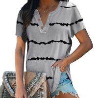 Womens Fashion Casual Striped Print Bat Sleeve V-Neck Button Short Sleeve T-Shirt Top