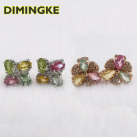 DIMINGKE 4*5MM Topaz Crystal Tourmaline Stud Earrings Women S925 Silver Wedding Anniversary Jewelry Birthday Gift