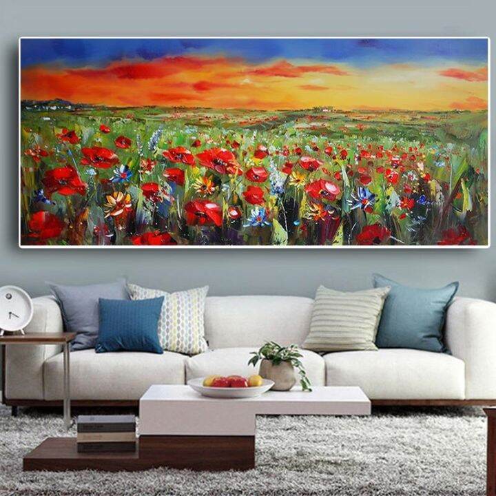 พิมพ์บทคัดย่อป่าสีแดงดอกไม้-poppies-ภาพวาดสีน้ำมันบนผ้าใบ-modern-pastoral-โปสเตอร์ภาพผนังสำหรับห้องนั่งเล่น