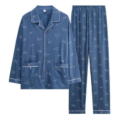 MUJI High quality 100  cotton pajamas mens thin spring and autumn summer long-sleeved trousers cotton youth and middle-aged home clothes set can be worn outside
