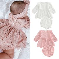 Lovely Newborn Baby Girls Clothes Sets 0-24M Solid Hollow Out Ruffles Long Sleeve Pleated Dress+Shorts Bloomers Cotton Outfits  by Hs2023