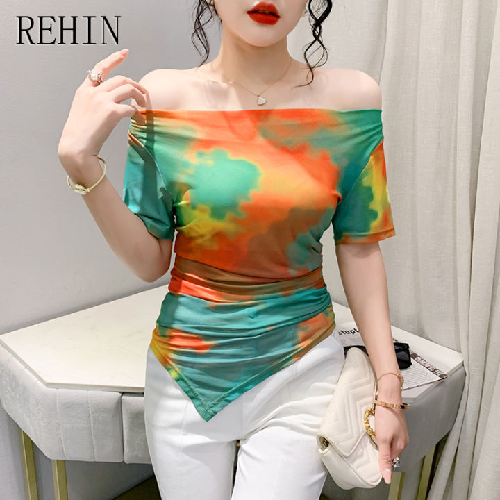 rehin-เสื้อยืดผู้หญิงแขนสั้นพิมพ์ลายหมึก-เสื้อไม่เหมือนใครแฟชั่นใหม่ฤดูร้อน