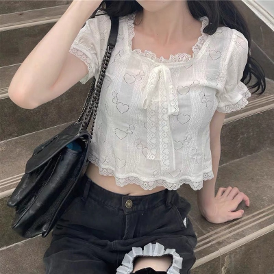 Summer White Chiffon Kawaii Blouse Women Japanese Puff Sleeve Lace Casual Sweet Blouse Shirt Slim Princess Korean Clothes
