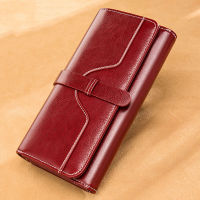 Luxury Design Vintage Oil Wax Women Genuine Leather Wallet Long Large Capacity Clutch Purse Ladies Bag Tri-fold Phone Money Clip