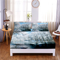 White Landscape Digital Printed 3pc Polyester Fitted Sheet Mattress Cover Four Corners with Elastic Band Bed Sheet Pillowcases