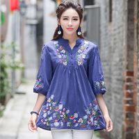 Women Clothing Ethnic Shirt Chinese Traditional Embroidery Tops 2021 Female Bohemian Green Blue White Embroidery Boho Blouse