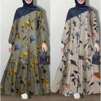 （A Simple）✿♦⊙ Women Long Dresses 2022 Cotton Hemp Printing Bubble Sleeve Fashion Loose Casual Maxi Dress