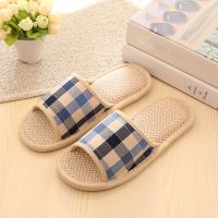 Women Men Anti-slip Linen Plaid Home Indoor Summer Open Toe Flats Shoes Slippers