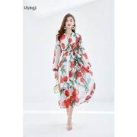 Spring and Summer Elegant Printed Tencel V-neck Waist Trimming Lace up Long Sleeve Big Hem Dress