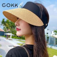 COKK หมวกสตรีกระบังแสงด้านบนหมวกหน้าร้อนสำหรับผู้หญิงหมวกกันแดดกลางแจ้งหมวกชายหาดปีกกว้างปรับฝาพับม่านบังแดด