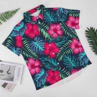 ทรอปิคอลปาล์มใบเสื้อเชิ้ตดอกไม้ Hibiscus ดอกไม้วันหยุดหลวมเสื้อฮาวายแฟชั่นเสื้อพิมพ์ขนาดใหญ่ด้านบน