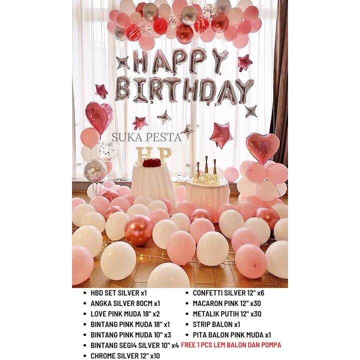 PAKET DEKORASI ULANG TAHUN PINK PUTIH / SET DEKORASI ULANG TAHUN / HBD