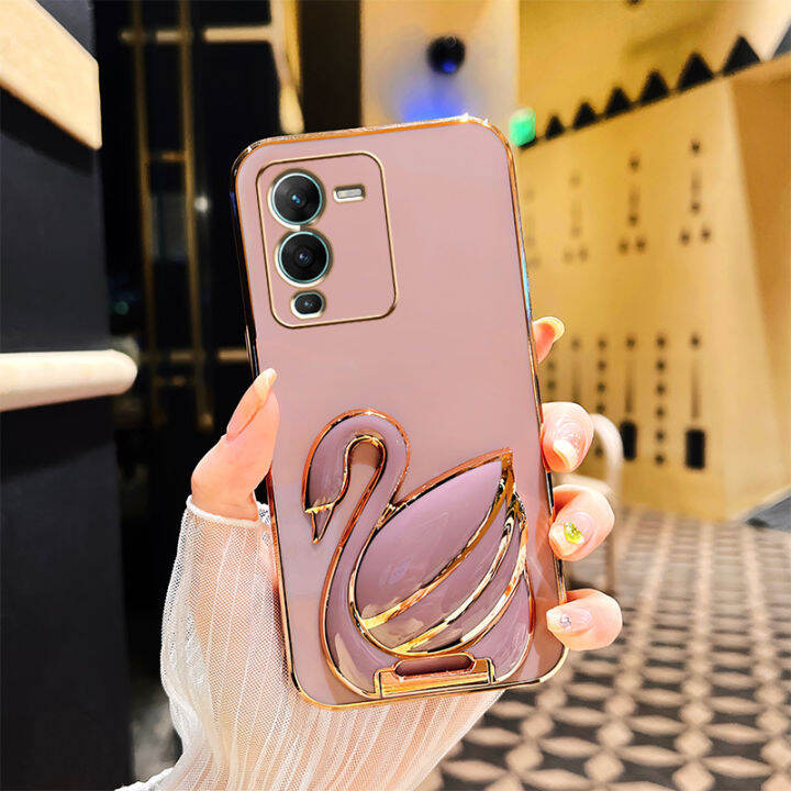 andyh-phone-case-for-vivo-v25-pro-5g-case-new-3d-swan-retractable-stand-phone-case-plating-soft-silicone-shockproof-casing-protective-back-cover