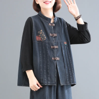 HolidayFashion เสื้อกั๊กผู้หญิง,สไตล์เกาหลีแบบใหม่ลำลองจานแบบย้อนยุคหัวเข็มขัดเสื้อกั๊กเดนิมเก่าไซส์ใหญ่ HFT300