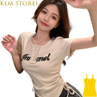 KLM เสื้อยืดแขนสั้นผู้หญิง Store1,เสื้อแบบสวมหัวมีเชือกผูกเสื้อสตรีคอกลมเข้ารูปพอดีฤดูร้อน