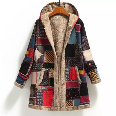 2022 Winter Vintage Women Coat Warm Printing Thick Fleece Hooded Long Jacket With Pocket Ladies Outwear Loose Coat For Women