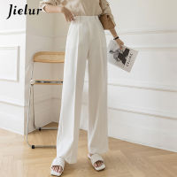 Jielur White Wide Leg Pants for Women High Waist Pockets Pants Loose Workwear Office Lady Female Black Trousers S-XL Pantalon