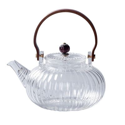 Glass Teapot Wood Handle Teawear High Boron Silicon Transparent Pumpkin Pot Glass Teapot with Filter